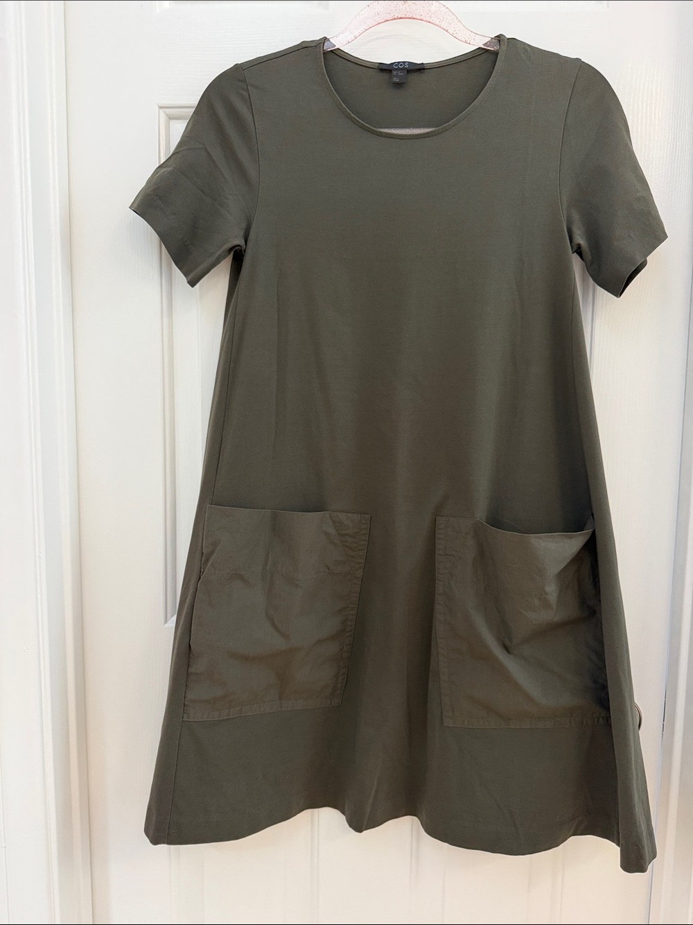 COS Olive Green Short-Sleeve Midi Dress with Front Pockets